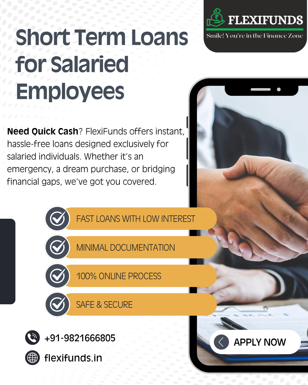 FlexiFunds short term loans for salaried employees poster showcasing fast approval, low interest, minimal documentation, and 100% online application process